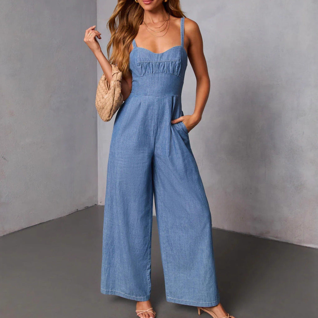 Damen lässiger Denim-Jumpsuit mit elegantem Bustier-Oberteil und weitem Bein R&B