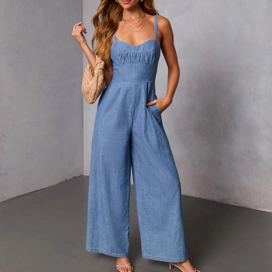 Damen lässiger Denim-Jumpsuit mit elegantem Bustier-Oberteil und weitem Bein R&B