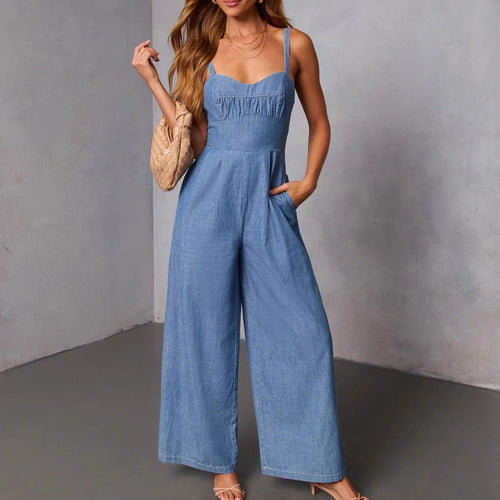 Damen lässiger Denim-Jumpsuit mit elegantem Bustier-Oberteil und weitem Bein R&B