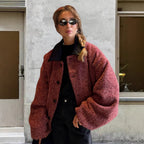 Damen kuschelige Oversize-Jacke mit großem Kragen R&B