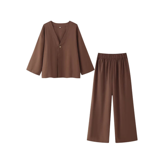 Damen Set aus eleganter Bluse mit V-Ausschnitt und weit geschnittenen Palazzo-Hosen R&B