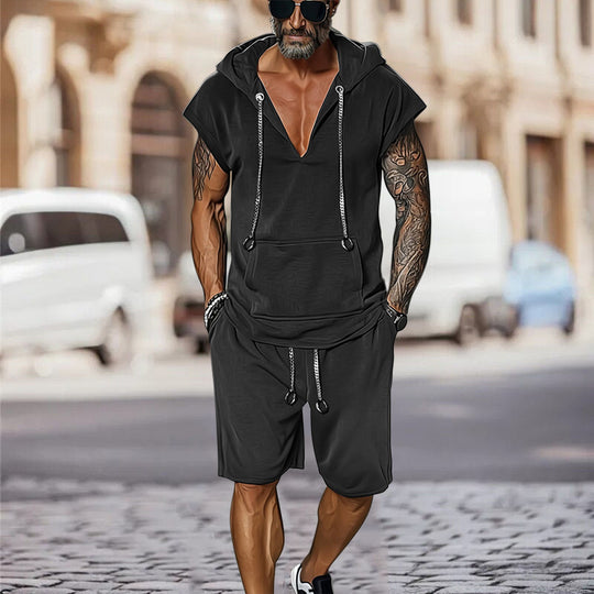 Herren lässiges Freizeit-Set mit stylischem Kapuzen-T-Shirt und Shorts R&B