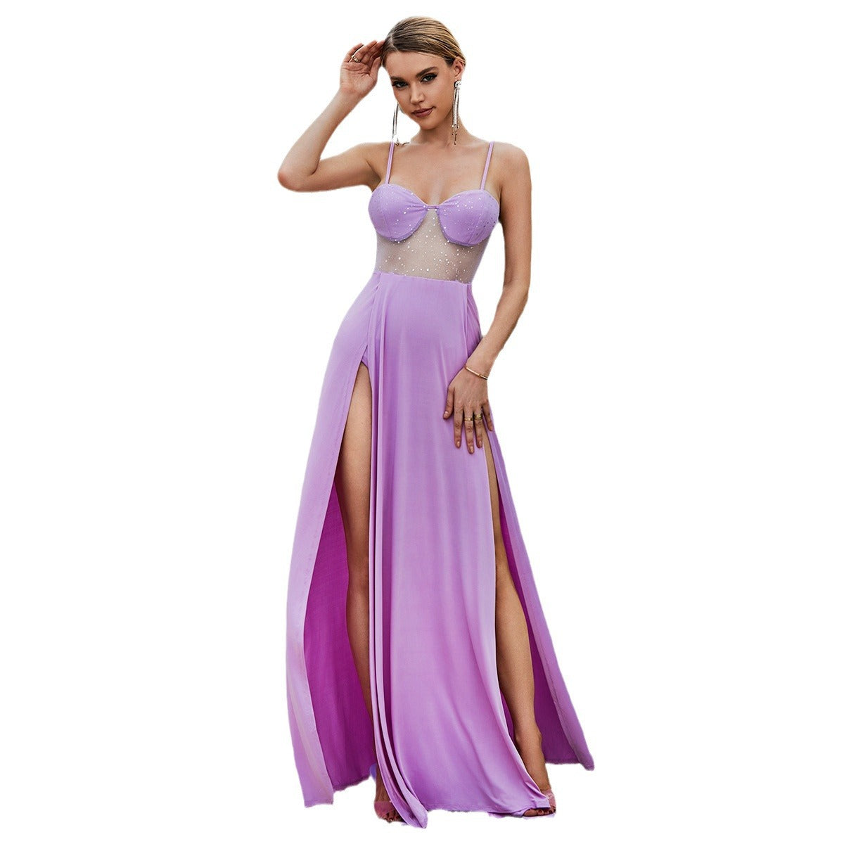 Damen Glamouröses Abendkleid mit transparenten Einsätzen und hohem Schlitz R&B