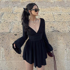 Damen elegantes Kleid mit tiefem V-Ausschnitt und langen Ärmeln R&B