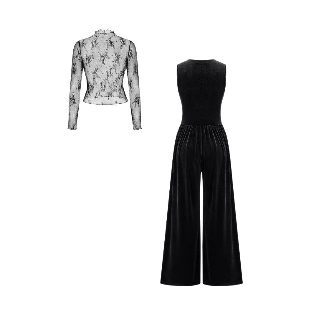 Damen elegante Spitzenbluse mit schmalem Schnitt und weitem Hosenanzug R&B
