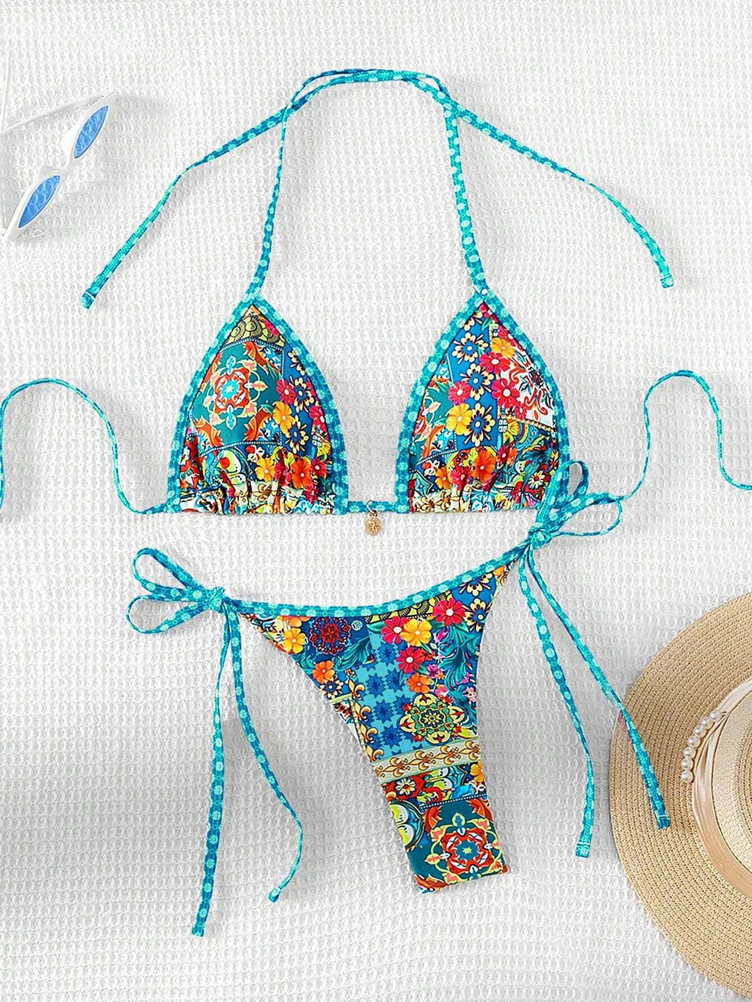 Damen Triangel-Bikini mit buntem floralen Mustermix und verstellbaren Trägern R&B