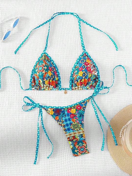 Damen Triangel-Bikini mit buntem floralen Mustermix und verstellbaren Trägern R&B