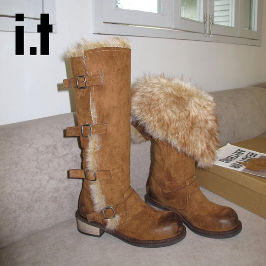 Damen elegante Winterstiefel mit modischem Kunstfellrand und praktischen Schnallen R&B