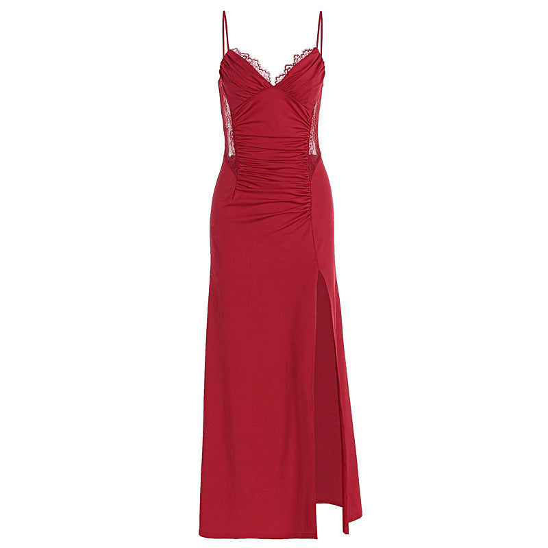 Damen Maxikleid mit raffiniertem Schlitz und verführerischen Spitzenakzenten R&B