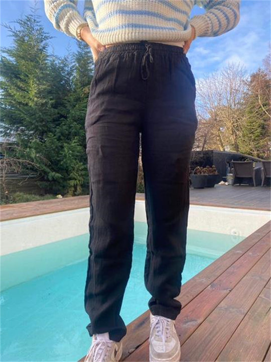 Damen lockere Leinenhose mit elastischem Bund und seitlichen Taschen R&B