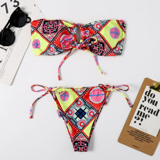 Damen Bandeau-Bikini mit aufregendem Mustermix und verstellbaren Trägern R&B