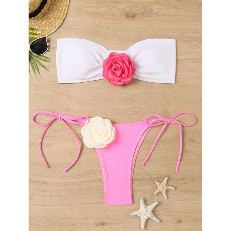 Damen Bandeau-Bikini mit floralem Detail und verstellbaren Trägern R&B