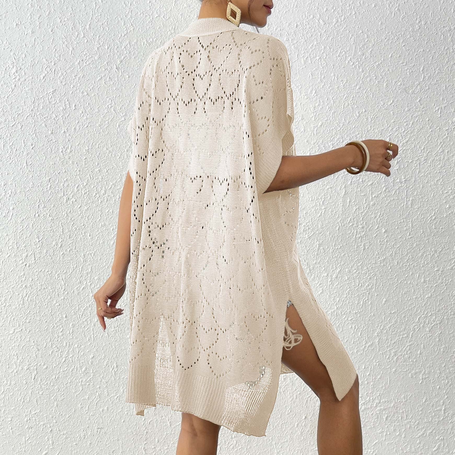 Damen luftiger Strick-Kimono mit floralem Lochmuster R&B