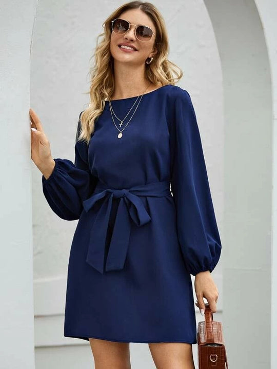 Damen Elegantes Kleid mit Ballonärmeln und Taillengürtel R&B