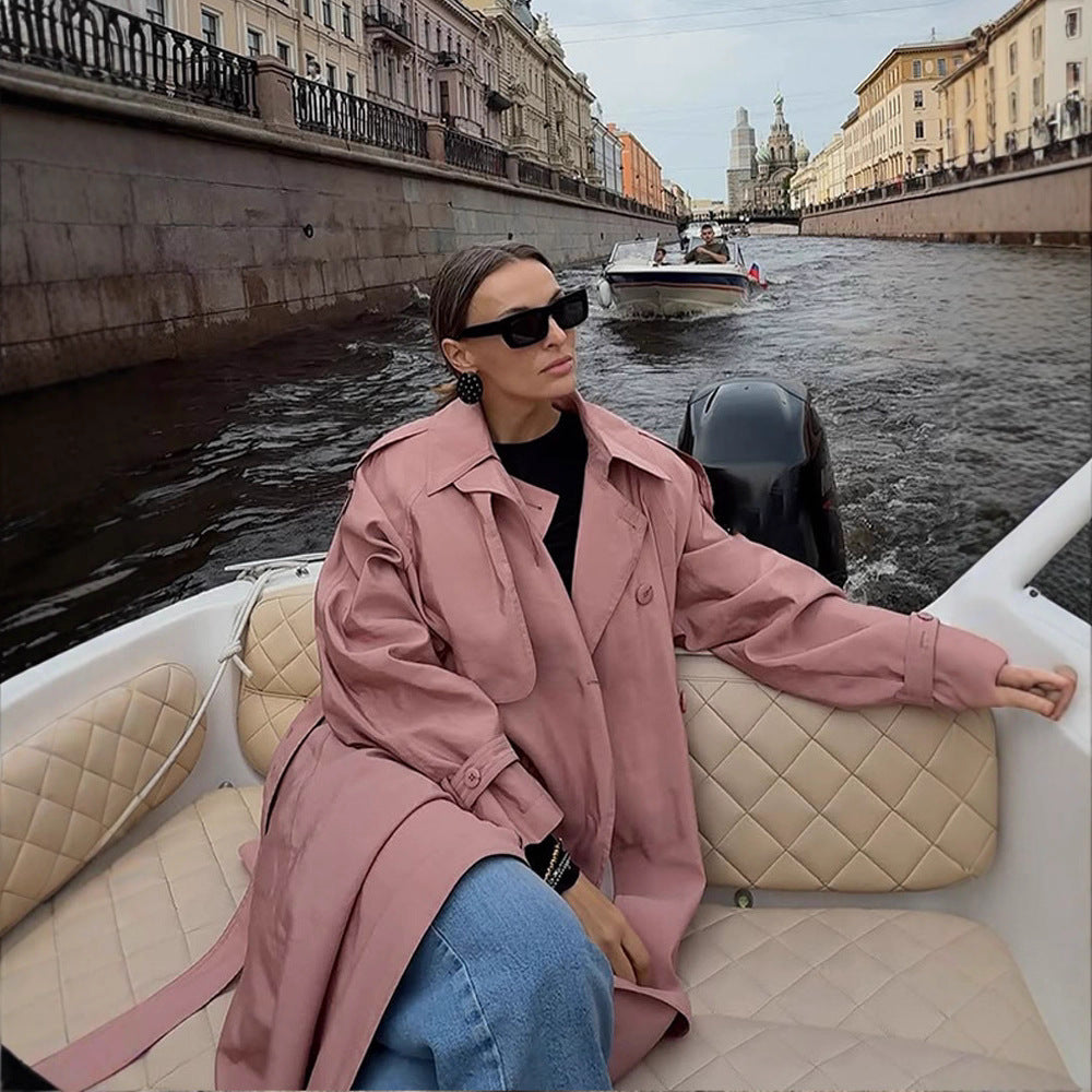 Damen Eleganter Trenchcoat mit hohem Kragen und seitlichen Schlitzen R&B