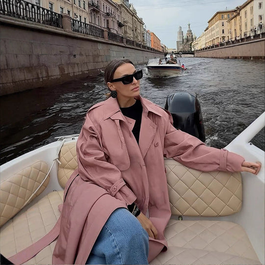 Damen Eleganter Trenchcoat mit hohem Kragen und seitlichen Schlitzen R&B
