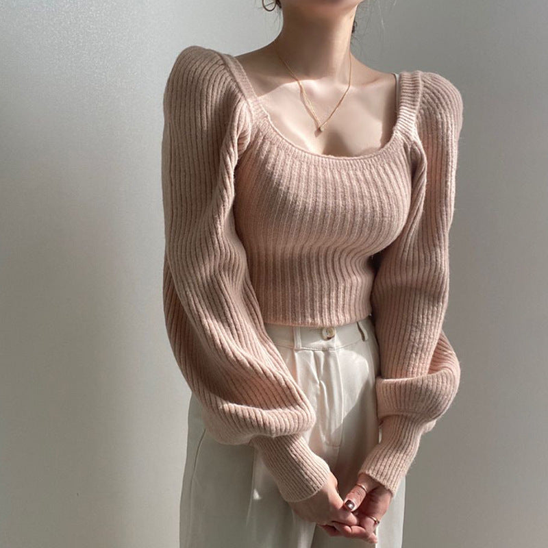 Damen Cropped Pullover mit voluminösen Ärmeln und Rippstruktur R&B