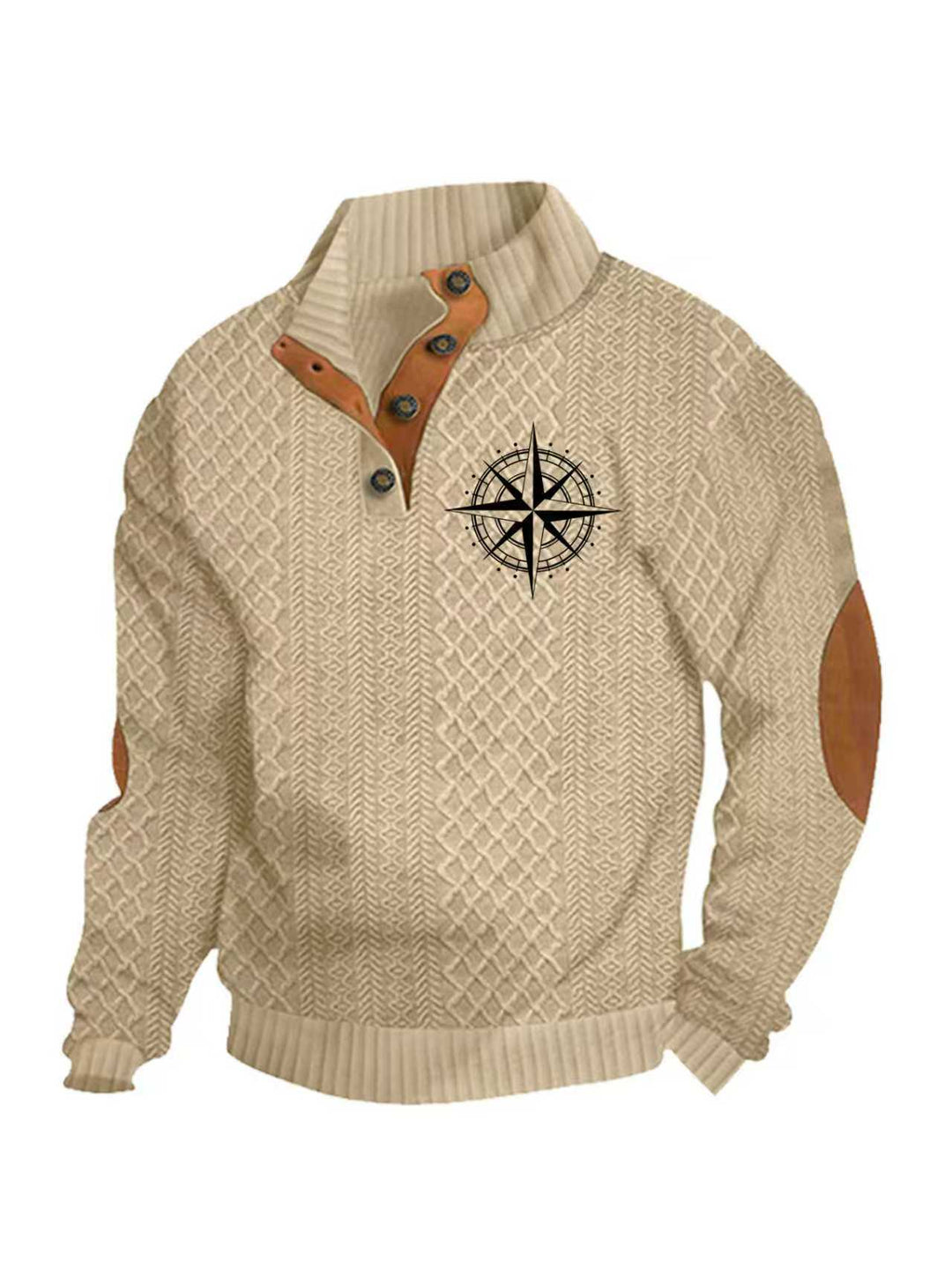 Herren nan Heritage-Strukturpullover mit Stehkragen Lederimitat-Besatz Ellenbogen-Patches und Halbknopfleiste R&B