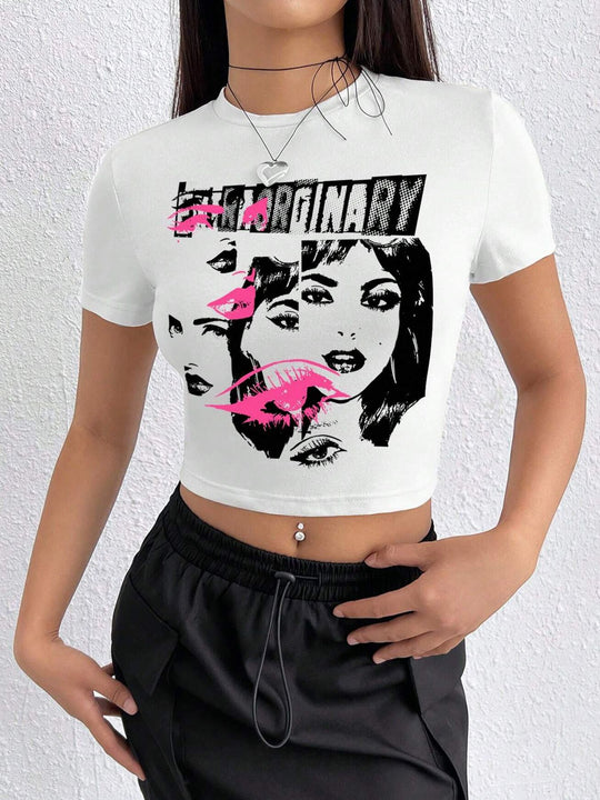 Damen Crop-T-Shirt mit inspirierendem Aufdruck und figurbetontem Schnitt R&B
