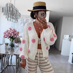 Damen gemütlicher Strickcardigan mit verspielten Blumenapplikationen R&B