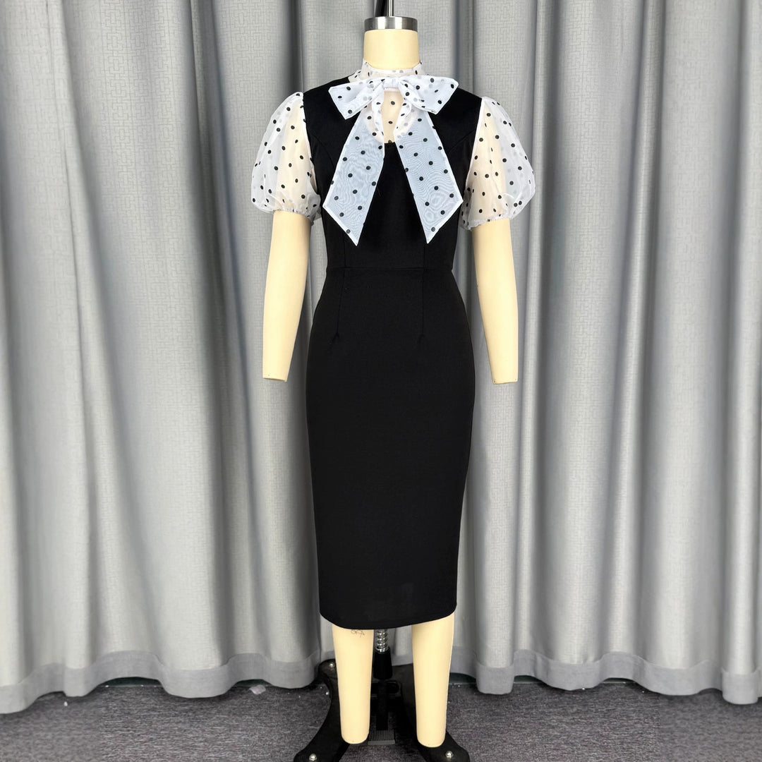 Damen figurbetontes Midi-Kleid mit transparenten Puffärmeln und Schleifenkragen R&B