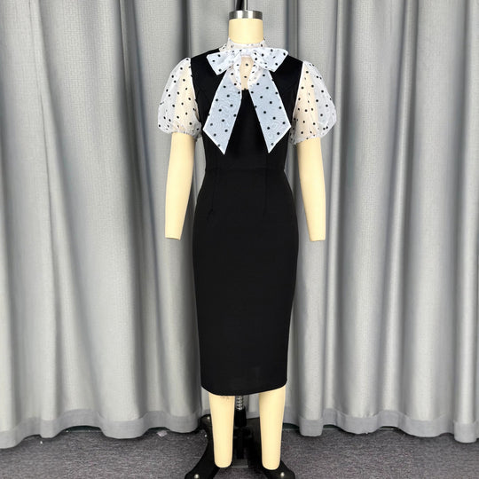 Damen figurbetontes Midi-Kleid mit transparenten Puffärmeln und Schleifenkragen R&B