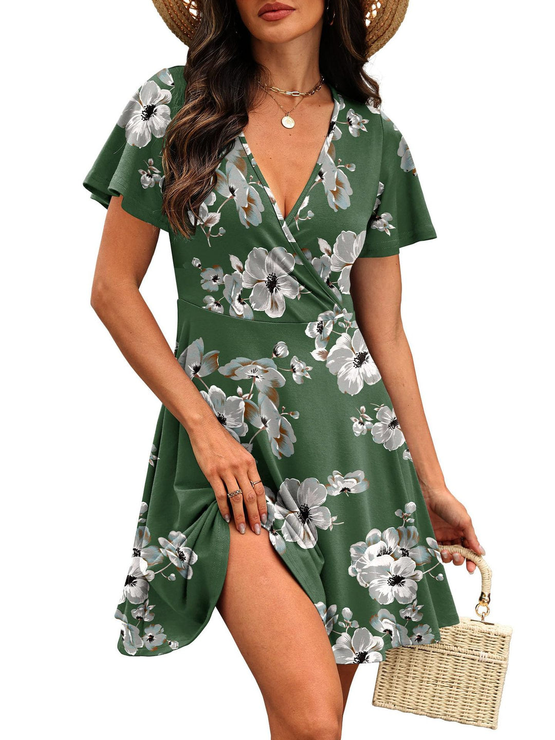 Damen Kurzärmeliges Wickelkleid mit floralen Mustern und V-Ausschnitt R&B
