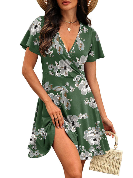 Damen Kurzärmeliges Wickelkleid mit floralen Mustern und V-Ausschnitt R&B