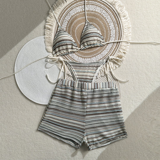 Damen Zweiteiliges Strand-Bikini-Set mit verspielt gestreiftem Oberteil und Shorts R&B