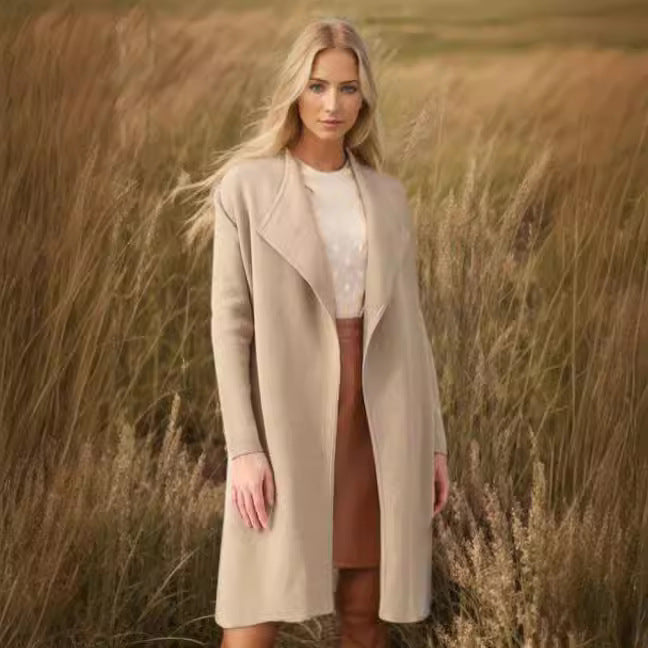 Damen elegante Strickmantel mit offenem Kragen und modischem Schnitt R&B