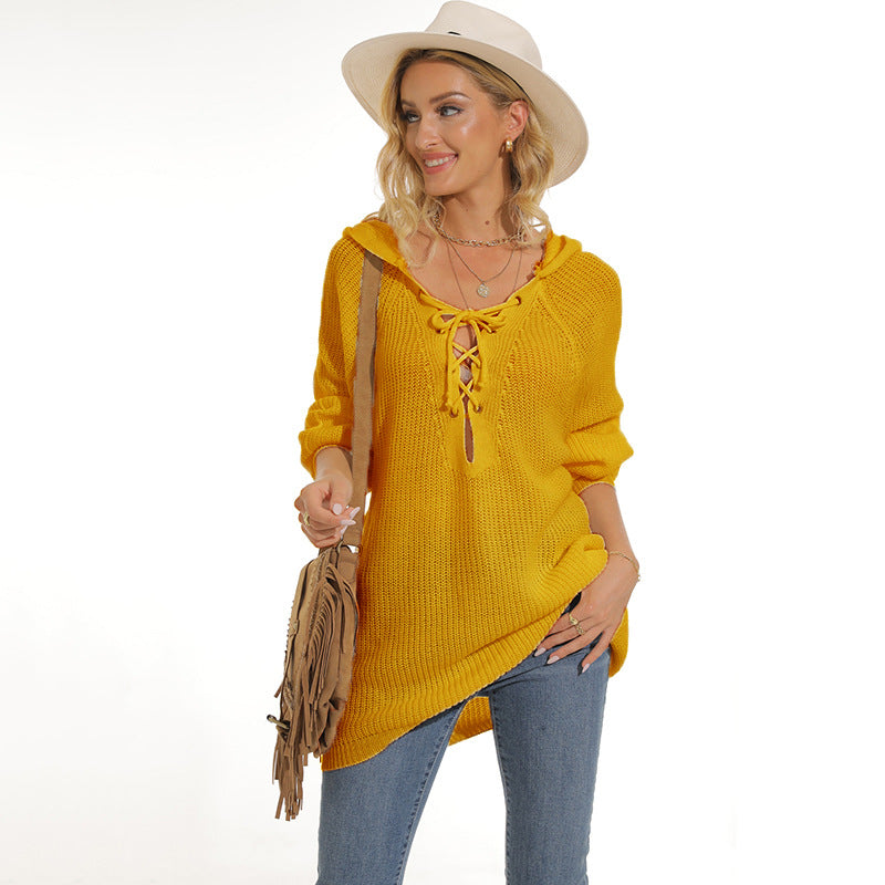 Damen lässiger Strickpullover mit einzigartigem Schnürdesign und lockerer Passform R&B