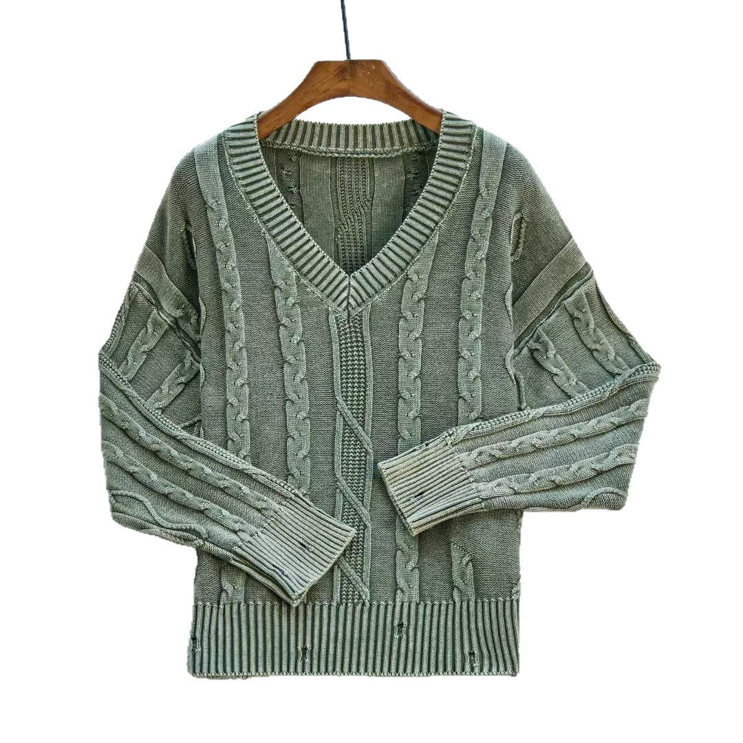 Damen Modischer Strickpullover mit V-Ausschnitt und Zopfmuster R&B