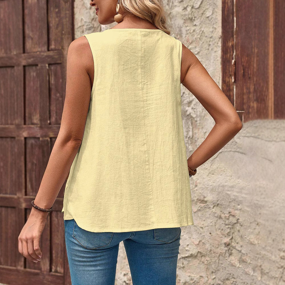 Damen ärmelloses T-Shirt mit buntem Druck und Knopfdetails Heidi-Mode