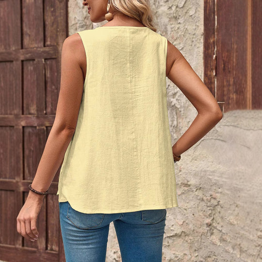 Damen ärmelloses T-Shirt mit buntem Druck und Knopfdetails Heidi-Mode