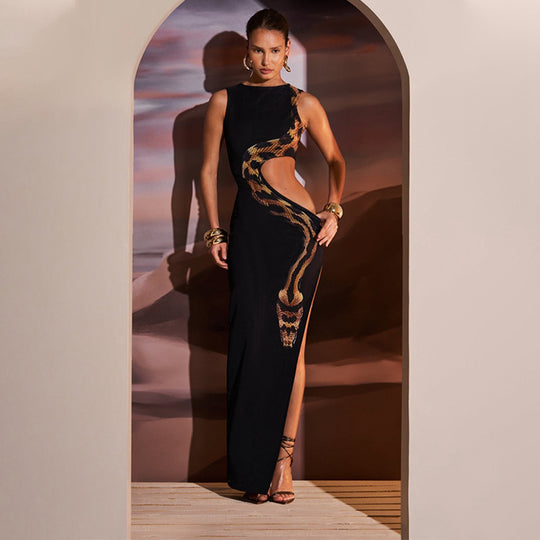 Damen Schickes Maxi-Kleid mit aufregendem cut-out Design und hohem Schlitz R&B