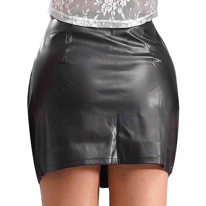 Damen kurzer Kunstlederrock mit kontrastierenden Taschen und modischem Reißverschluss R&B