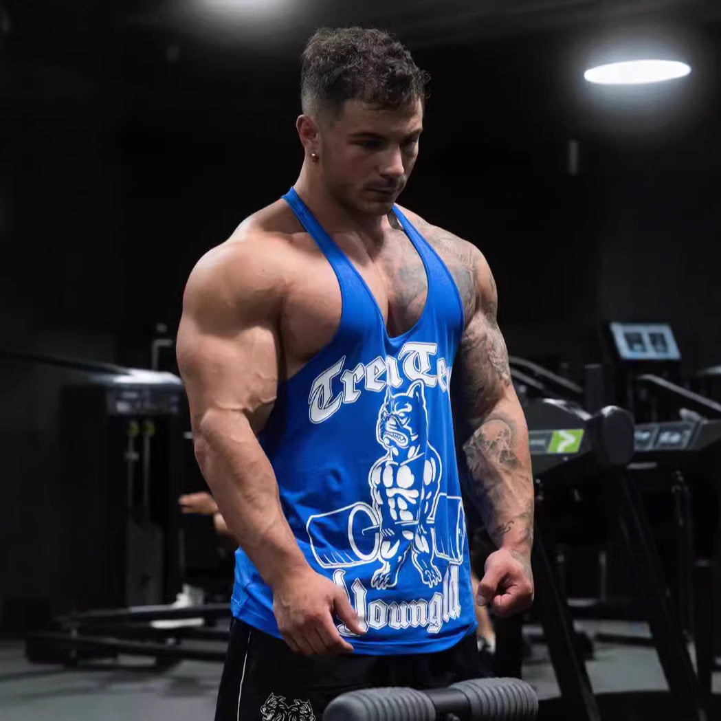 Herren nan figurbetontes Fitness-Tanktop mit Bulldoggen-Grafik und extra tiefen Armausschnitten R&B