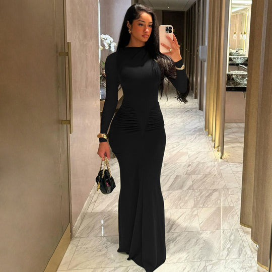 Damen Elegantes Langarm-Maxi-Kleid mit figurformendem Design R&B