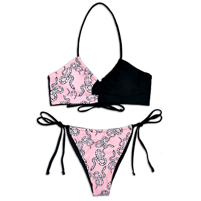 Damen Halter-Bikini mit asymmetrischem Design und verspieltem Muster R&B