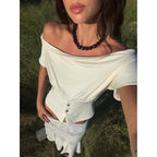 Damen Off-Shoulder Oberteil mit Knopfdetails R&B