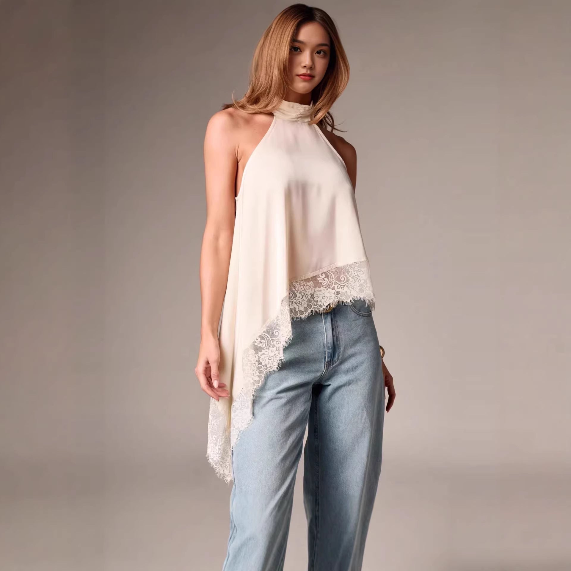 Damen luftiges Chiffon-Top mit eleganter Spitzenverzierung R&B
