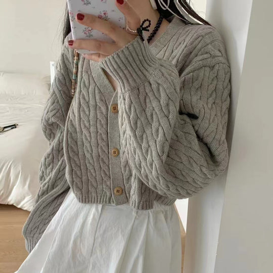 Damen kuscheliger Strickcardigan mit V-Ausschnitt und großen Knöpfen R&B