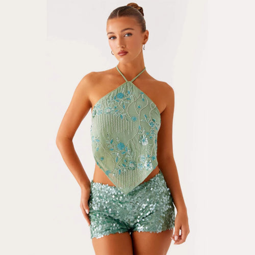 Damen Elegantes Oberteil mit funkelnden Pailletten und floralem Design R&B