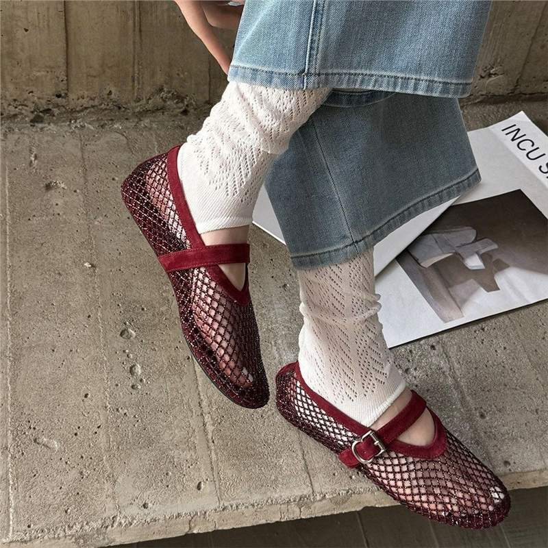 Damen Netz-Ballerinas mit dekorativem Riemen R&B