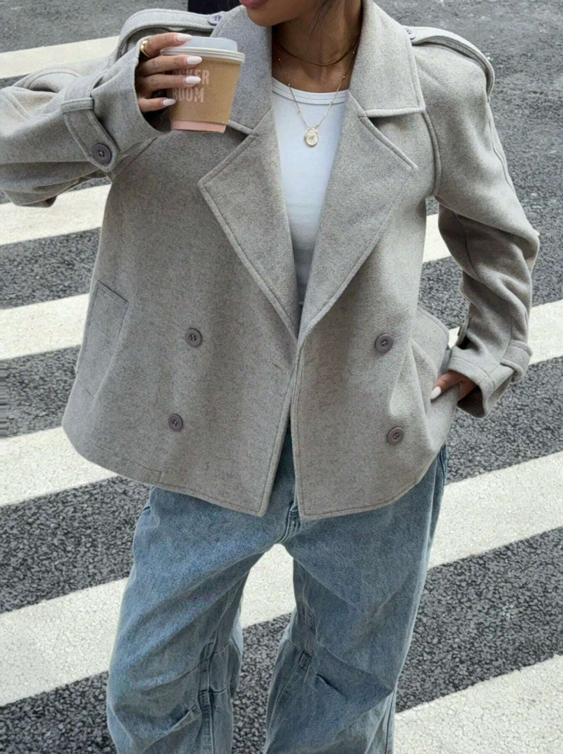 Damen modische Wolle-Lapel-Jacke mit Doppelreihe R&B