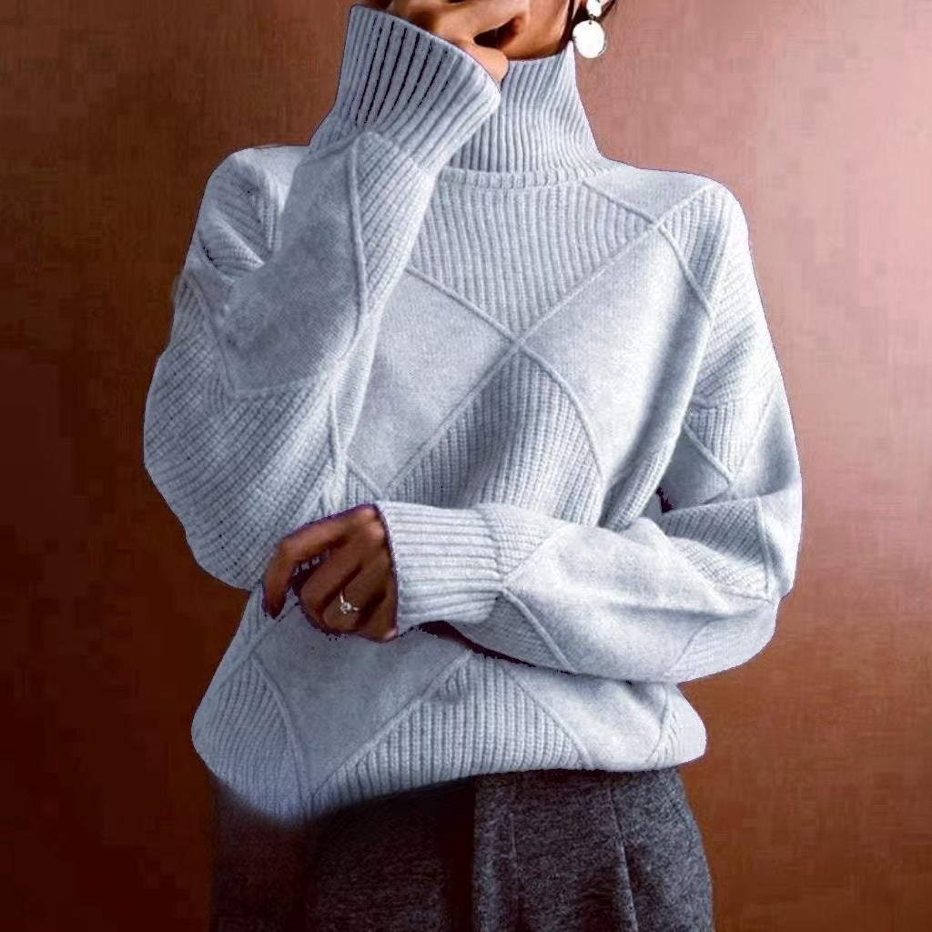Damen hochwertiger Strickpullover mit stehendem Kragen und extravagantem Rautenmuster R&B