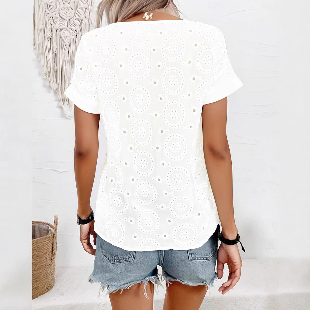 Damen Bluse mit floralen Lochstickereien und V-Ausschnitt R&B