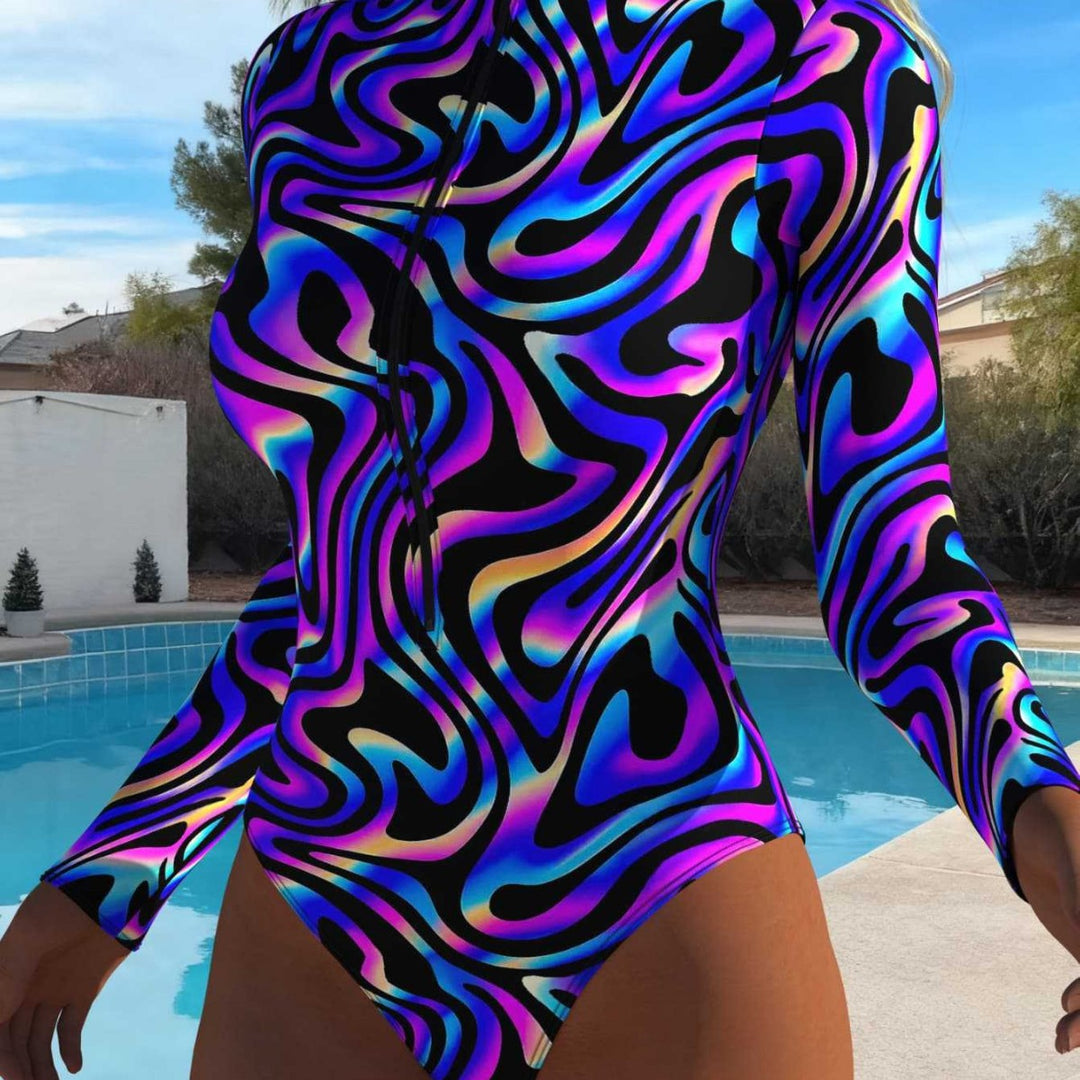 Damen eleganter Langarm-Schwimmanzug mit aufregendem Wellenmuster und hohem Kragen R&B
