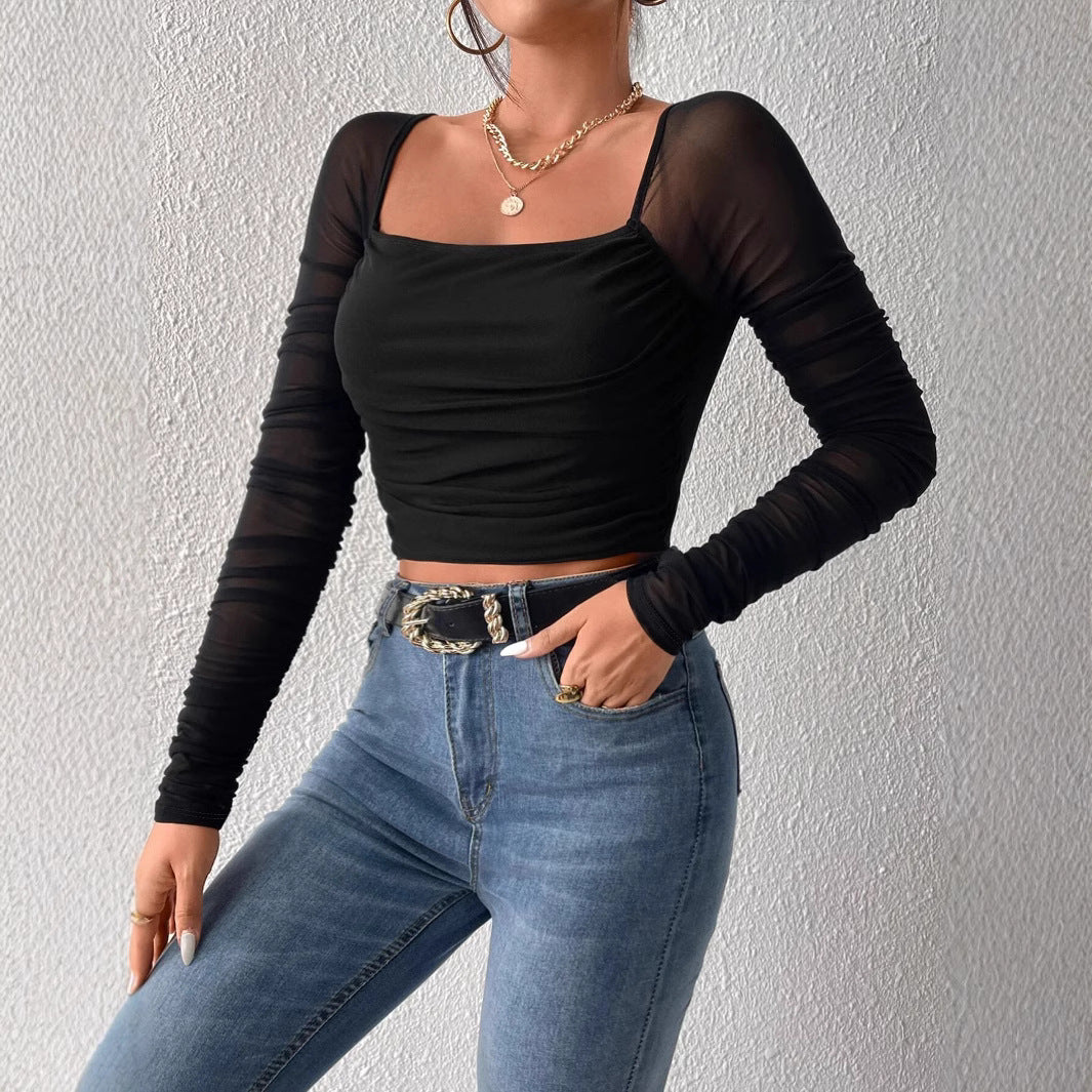 Damen Cropped Oberteil mit transparenten Ärmeln R&B