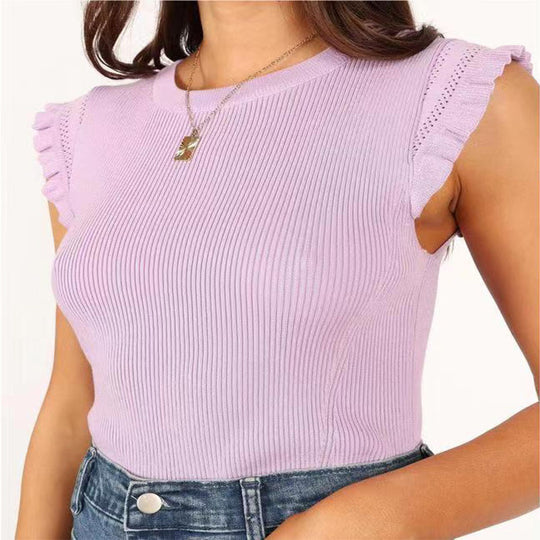 Damen figurbetontes Ripp-Shirt mit Rüschen R&B